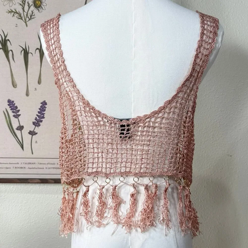 Rose Sheer Crochet Fringe Crop Top Whimsigoth Fairy Grunge Witchy Y2k Boho M